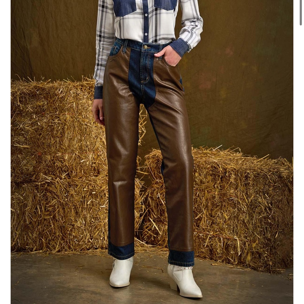 FAUX LEATHER FRONT PANEL JEANS